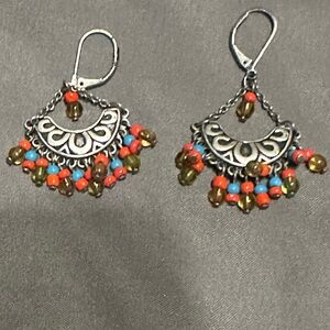 Bohemian Silver-Tone Earrings with Coral, Turquoise and Olive Beads
